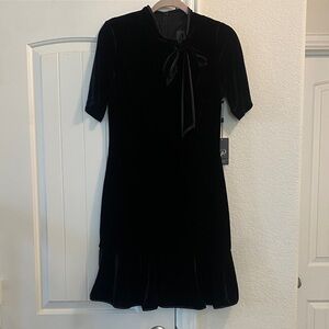 Elegant Black Velvet Short Sleeved Tie Neck, Ruffle Hem Dress, Sz 8